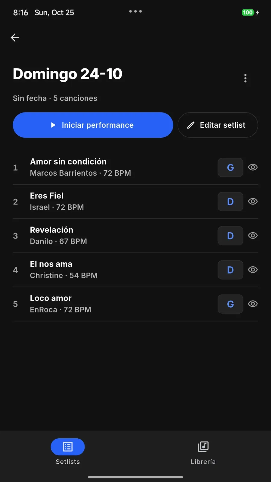 Un setlist de OnCue en un teléfono, con el tono de cada canción