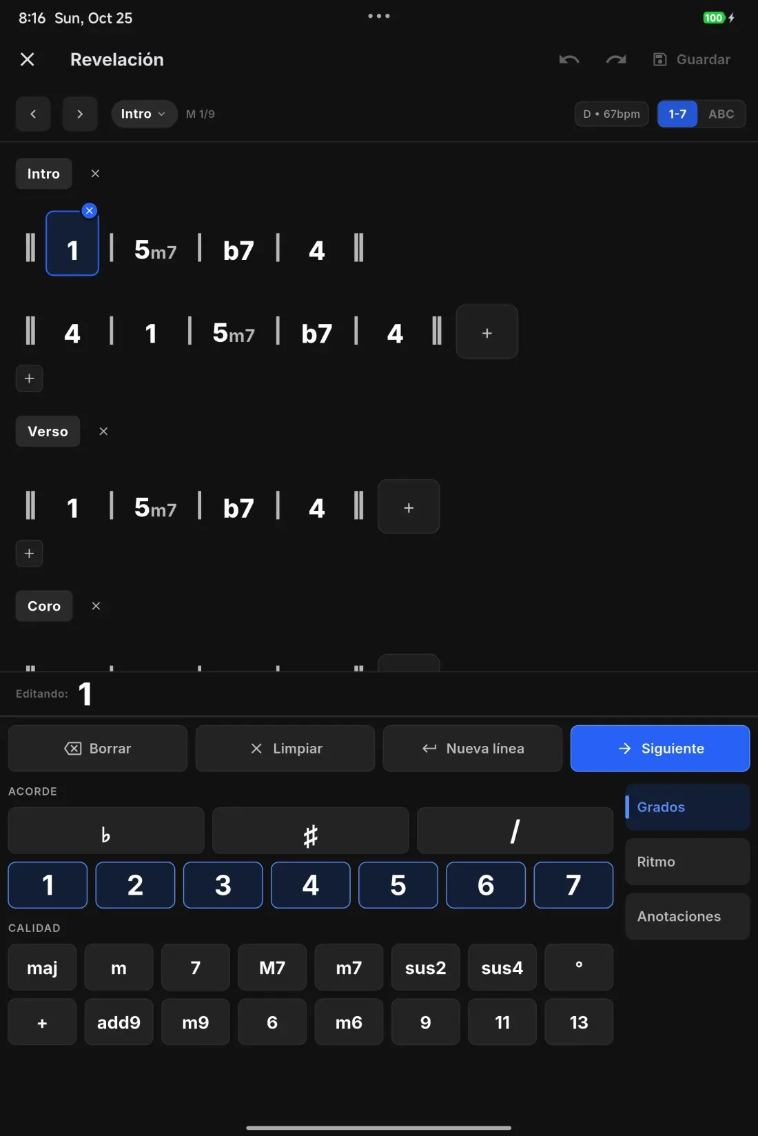 Editor de charts de OnCue en una tablet, con secciones y compases en números