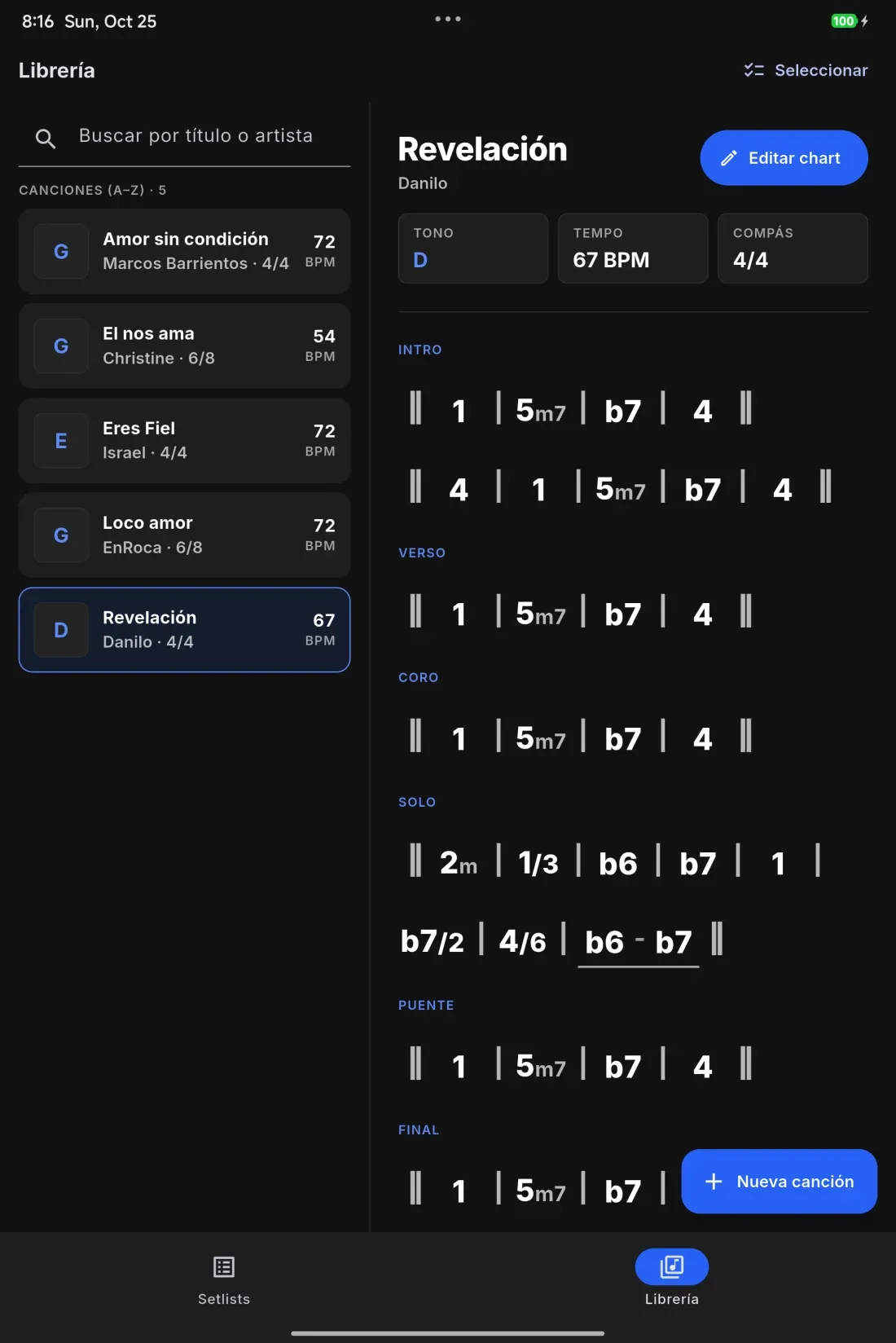 Librería de canciones de OnCue con la vista previa del chart al lado, en una tablet