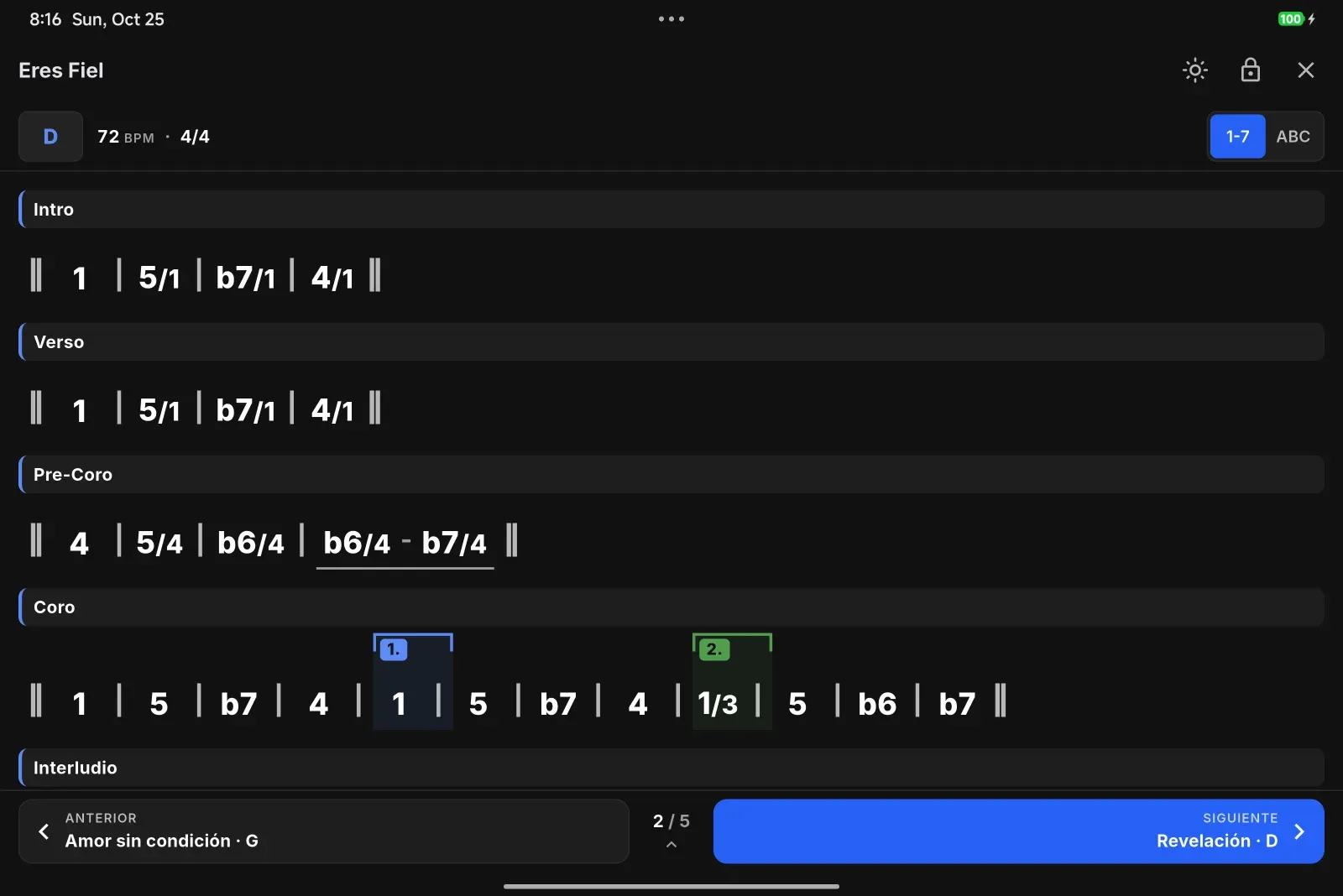 Modo Performance de OnCue a pantalla completa en una tablet horizontal