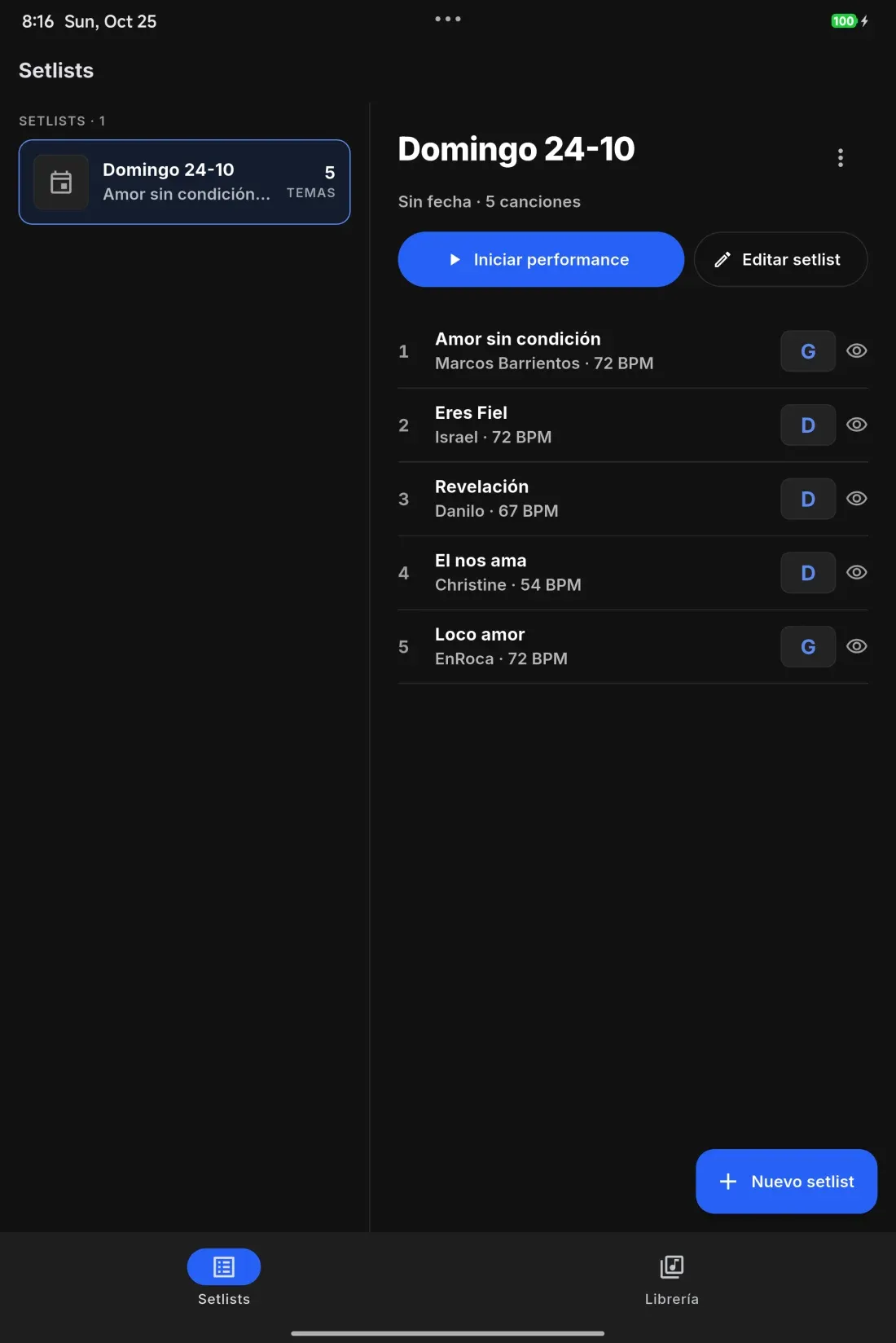 Lista de setlists de OnCue con la fecha de cada evento